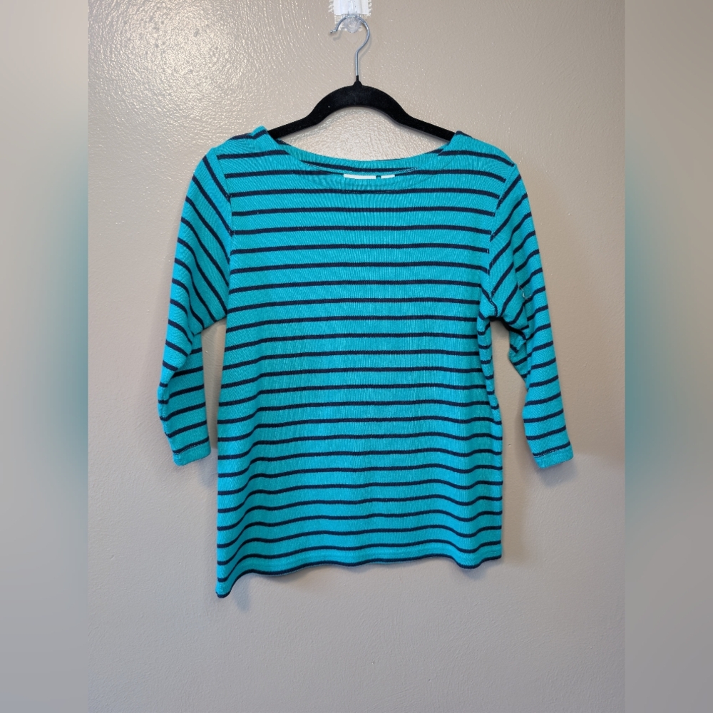 L.L. Bean L Striped greenish Blue Color striped Women's Top. 3/4 Sleeve.